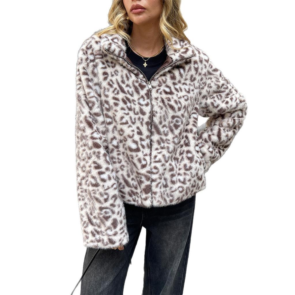 Kaikuo Трансграничное Европейское Элегантное Пальто-куртка с Леопардовым Принтом из Плюша с Длинным Рукавом Женское 2025 Осень и Зима