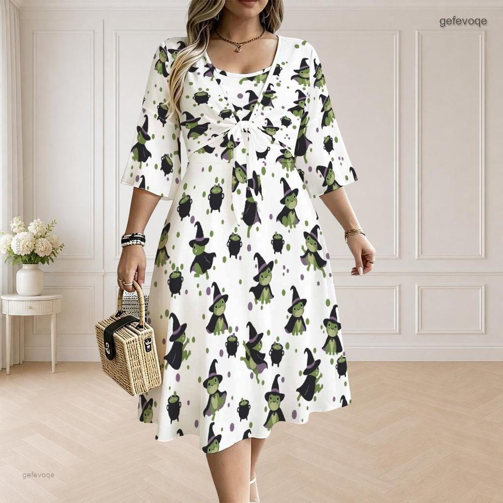 Women Plus Size Cute Mouse Cookie Print White V Neck Mid Sleeve Twist Front Midi Dress Set
