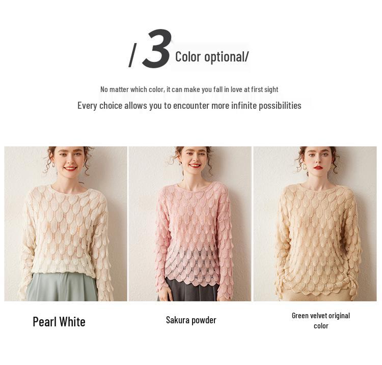 Women's High-End French Cashmere Sweater: Hollowed-Out, Round Neck, Bell Sleeves, 2024 Trend