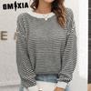 Women's Fashion Casual Stripe Print Autumn Winter Long Sleeve O-Neck Loose Sweaters
