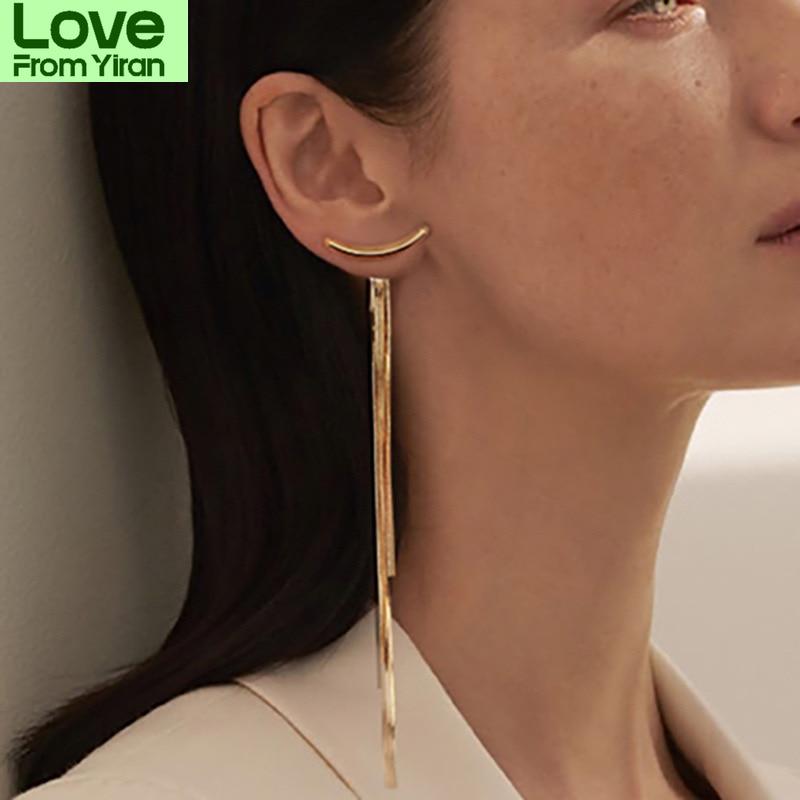 Vintage Gold Color Bar Long Thread Tassel Drop Earrings For Women Glossy Arc Geometric Korean Earring Fashion Jewelry New