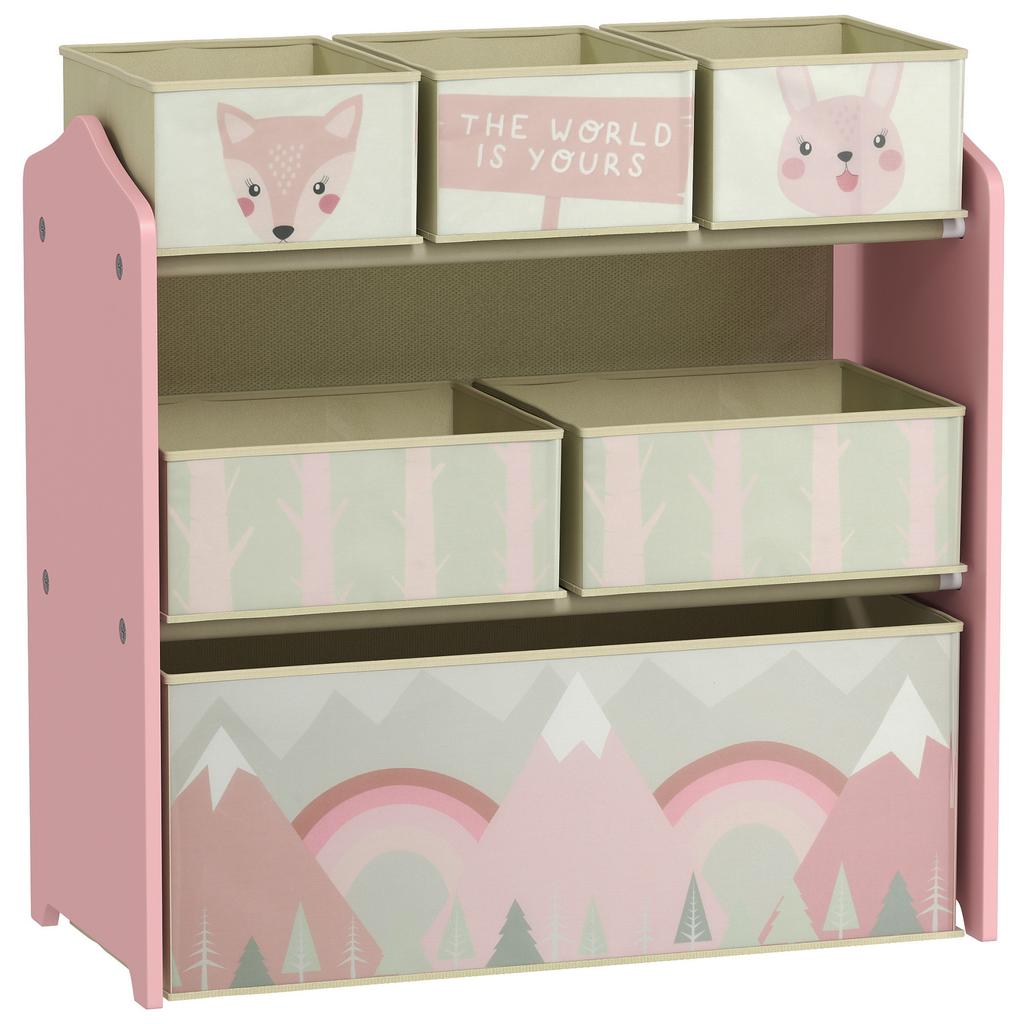 Kids Storage Unit Toy Storage Organiser With Six Fabric Bins For Bedrooms Playrooms Nurseries Pink