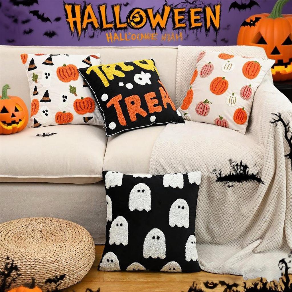 Halloween Pillow Cover, Halloween Embroidery Pillowcase, Family Party Pumpkin Decoration Pillowcase, Cushion Cover