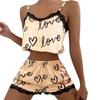 Women's Summer Sleepwear Lounge Pajama Sets Sexy Lingerie Lace Love Printed Crop Tops and Shorts Pijamas Set