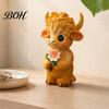 Pastoral Style Desktop Decor Highland Cow Holding Flower Statue, Cute Resin Animal Figurine, Desk Accessories for Women Farmhouse Sculpture