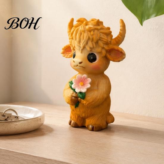 Pastoral Style Desktop Decor Highland Cow Holding Flower Statue, Cute Resin Animal Figurine, Desk Accessories for Women Farmhouse Sculpture