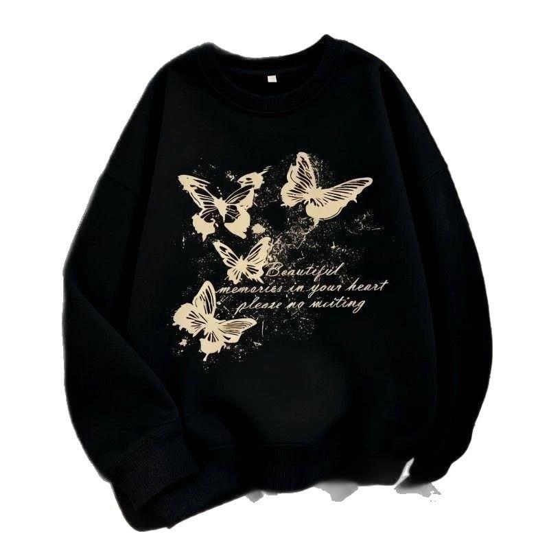 Butterfly Print Fleece-Lined Oversized Crewneck Sweatshirt Men Women Winter Warm Loose Long Sleeve Casual Top