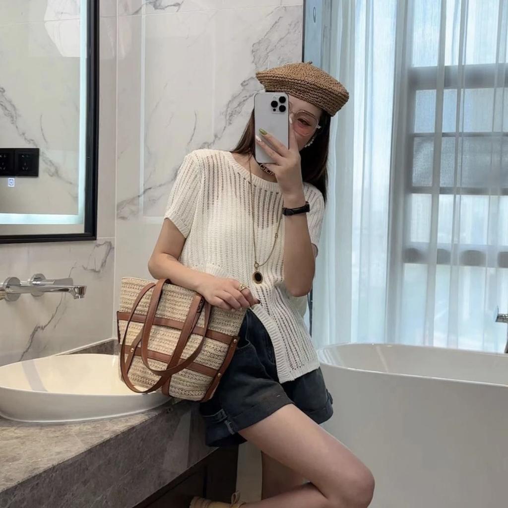 Summer Thin Breathable Hollow Knitted Sweater Women's Pullover Round Neck Simple Knitted Short Sleeved T-shirt
