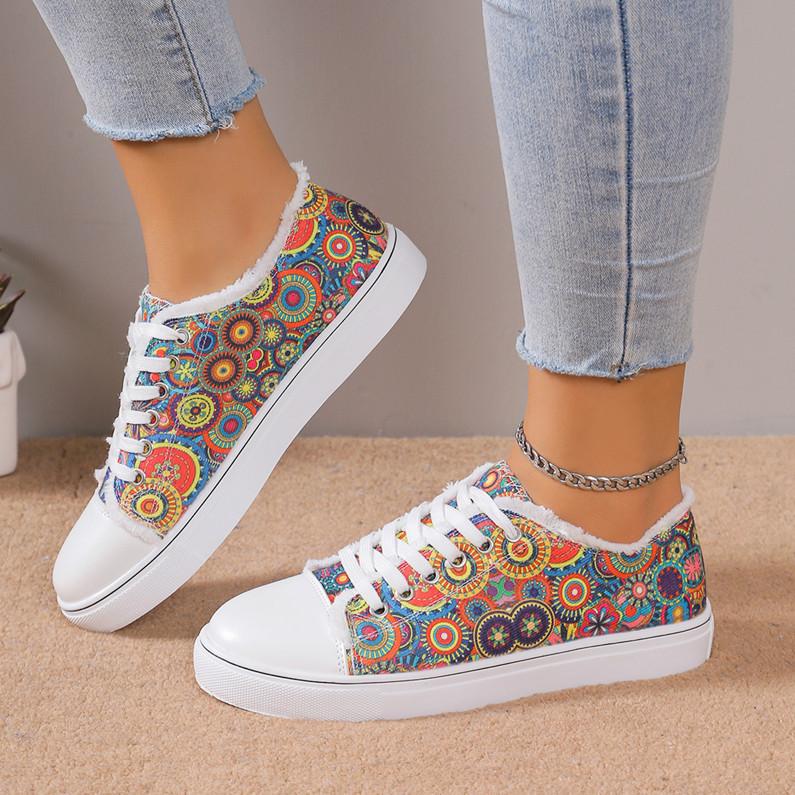 Fashion Women's Flat Canvas Shoes Casual Sunflower Printed Low Top Loafers Comfortable Slip On Sneakers Female Lace Up Vulcanized Shoes