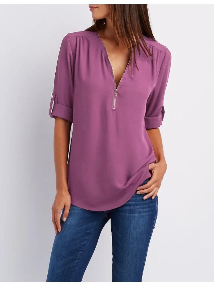 2025 Женская крутая свободная рубашка с глубоким V-образным вырезом, шифоновая модная блузка, повседневные женские топы, сексуальный пуловер на молнии, большие размеры