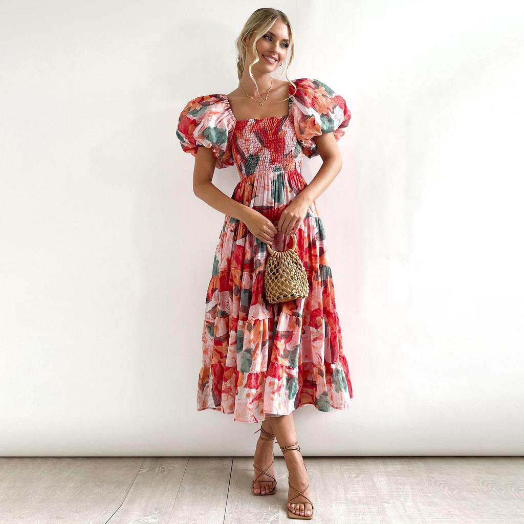 Летнее женское модное плиссированное платье без бретелек длиной до щиколотки с коротким рукавом и принтом