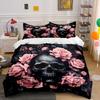 Skull with Pink Roses Pattern Bedding Duvet Cover Set  (1*Duvet Cover 2*Pillowcases, Without Duvet Insert)