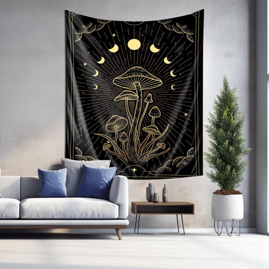 Black and Gold Psychedelic Moon Mushroom Wall Hanging Decor Fabric Tapestry