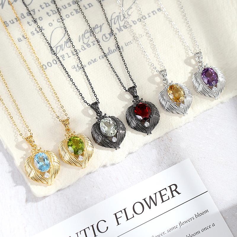 Natural Color Treasure Crystal Stone Angel Wings Pendant S925 Sterling Silver Necklace Women's Premium Clavicle Chain