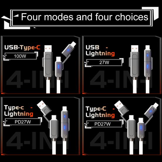 100 см 4-в-1 зарядный кабель USB Type-C 8-контактный 100 Вт 480 Мбит/с для быстрой зарядки мобильного телефона, планшета, силиконовый кабель для передачи данных