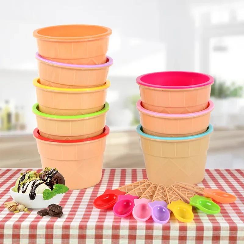 Ice Cream Bowl Set Double Layer Plastic Cup Creative Mixing Bowl Ice Cream Cone Shape DIY Ice Cream Tools Icecream Bowl Spoon