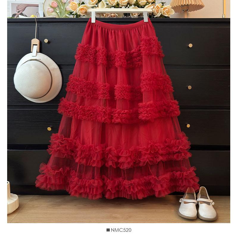 Стиль Sweet High Waist Макси Юбка из Кружевной Марли с Оборками