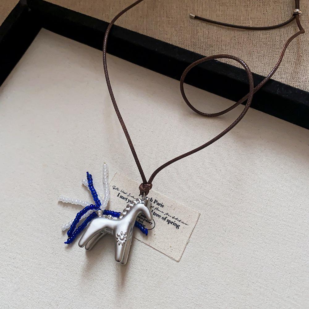 Long Wax Rope Necklace Horse PU Leather Necklace Unique Pony Pendant Necklace  Women