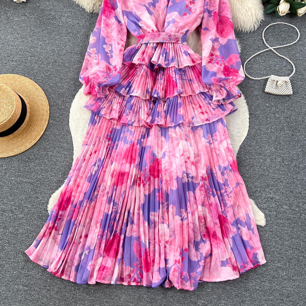 Новое осеннее элегантное женское платье с круглым вырезом и принтом в стиле пэчворк, складками и оборками, с длинными рукавами и высокой талией