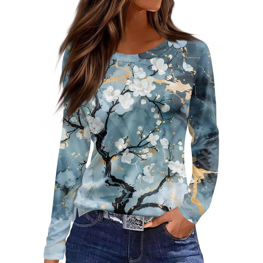 Women's Casual T-shirt 3D Printed Floral Floral Print Round Neck Retro Elegant Long Sleeves Women's Fashion Pullover Long Sleeve