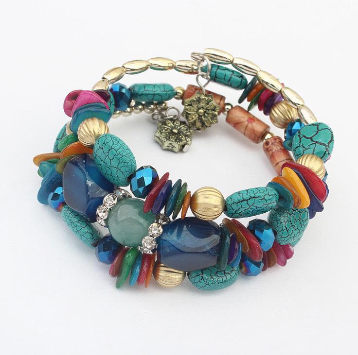 Retro Bohemian Multi-layer Crystal Turquoise Agate Beaded Bracelet