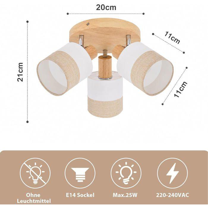 Plafonnier 3 spots - NETTLIFE - Pied en bois E14 pivotant 350° - Abat-jour tissu lin - 3x25W - Style vintage blanc