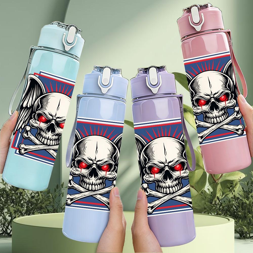 1PC Skull Mask Helmet Biker Theme Print 750ml Color Plastic Sports Water Bottle Leakproof Flip Straw Lid Suitable for Sports Office Home Use