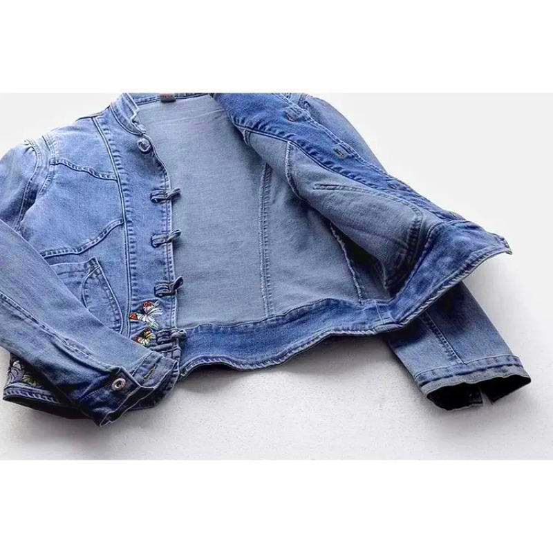 Вышитая джинсовая куртка с воротником-стойкой, женское короткое пальто, винтажная свободная куртка-стрейч в стиле шинуазри, теплая рубашка с длинными рукавами, осень