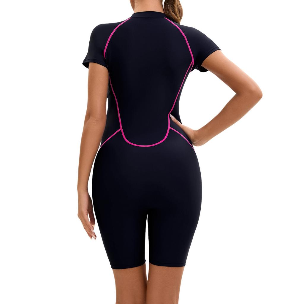 Женский слитный купальник с короткими рукавами на молнии и плоским углом, женские плавки с тремя точками и подкладкой для груди