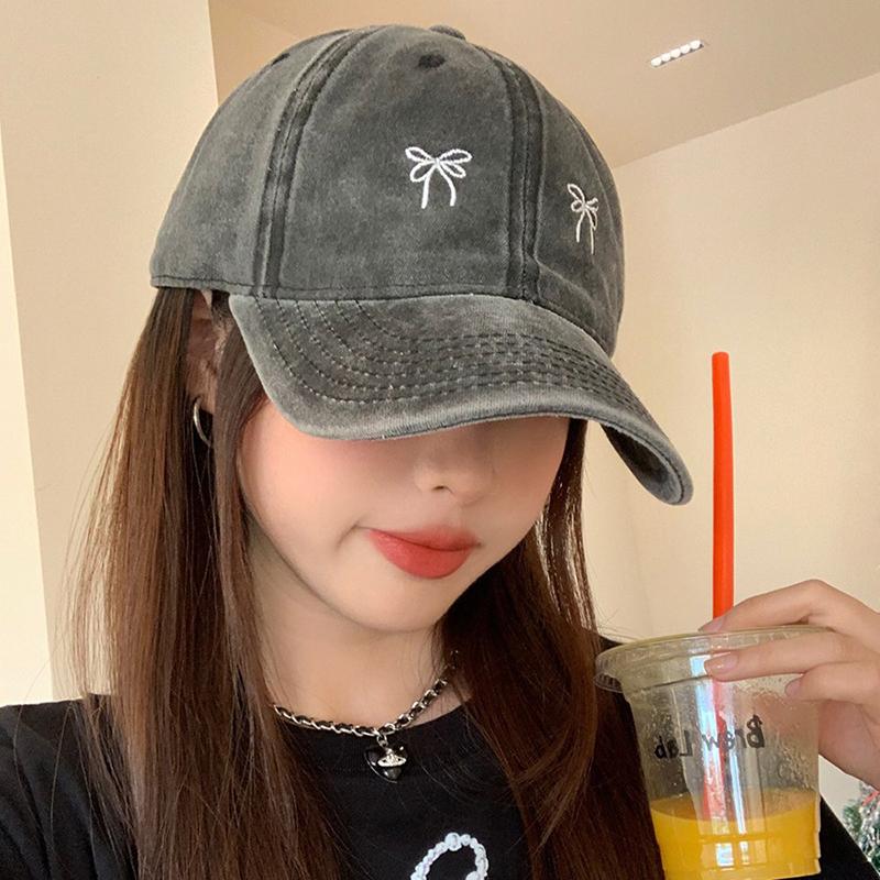 Корейская бейсболка с вышивкой в виде банта для женщин, девочек, из стираного хлопка, летняя, уличная, солнцезащитная шляпа, однотонная, с регулируемым размером