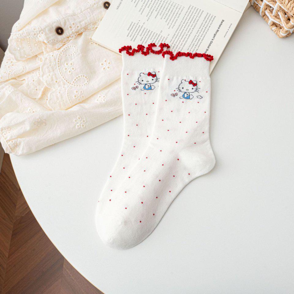 Носки до середины икры с кружевными ушками и ртом-пузырьком - Женские милые полосатые носки в студенческом стиле