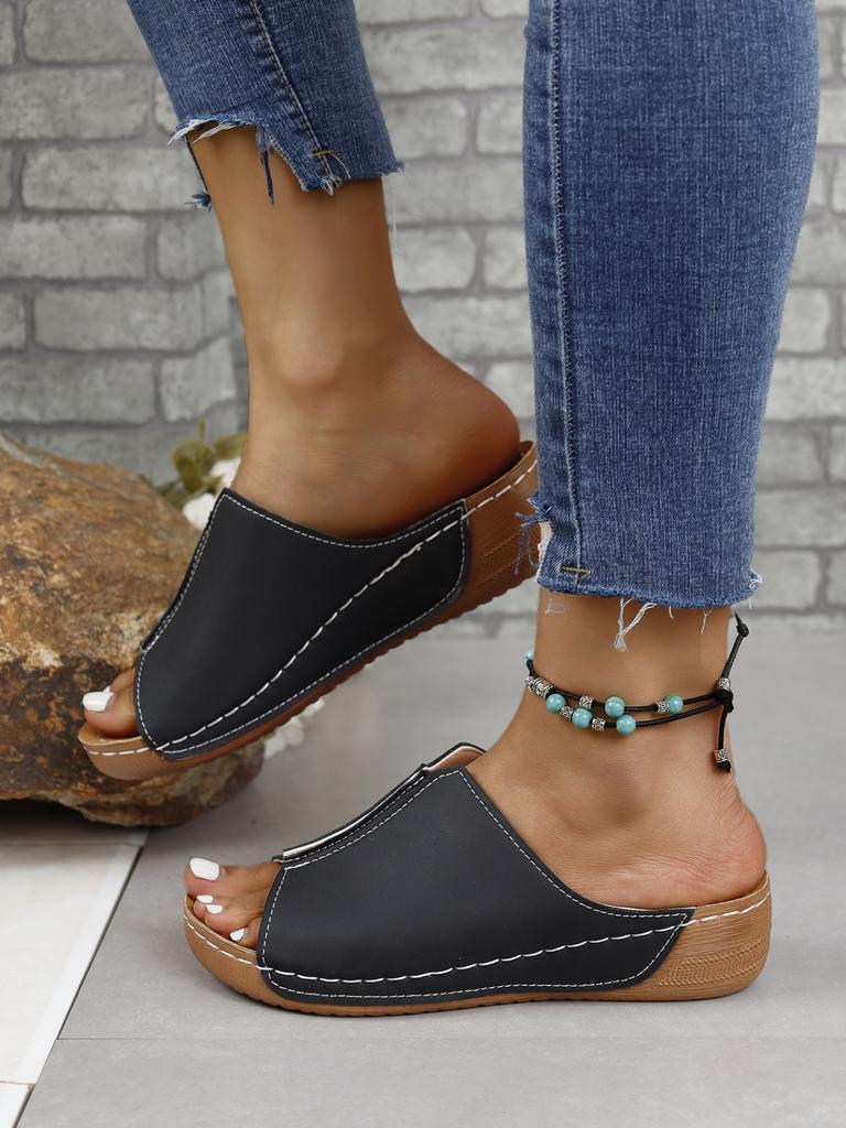 Модные летние женские тапочки с круглым носком на танкетке для женщин, уличные сандалии с открытым носком, офисные женские шлепанцы, нескользящая обувь на платформе