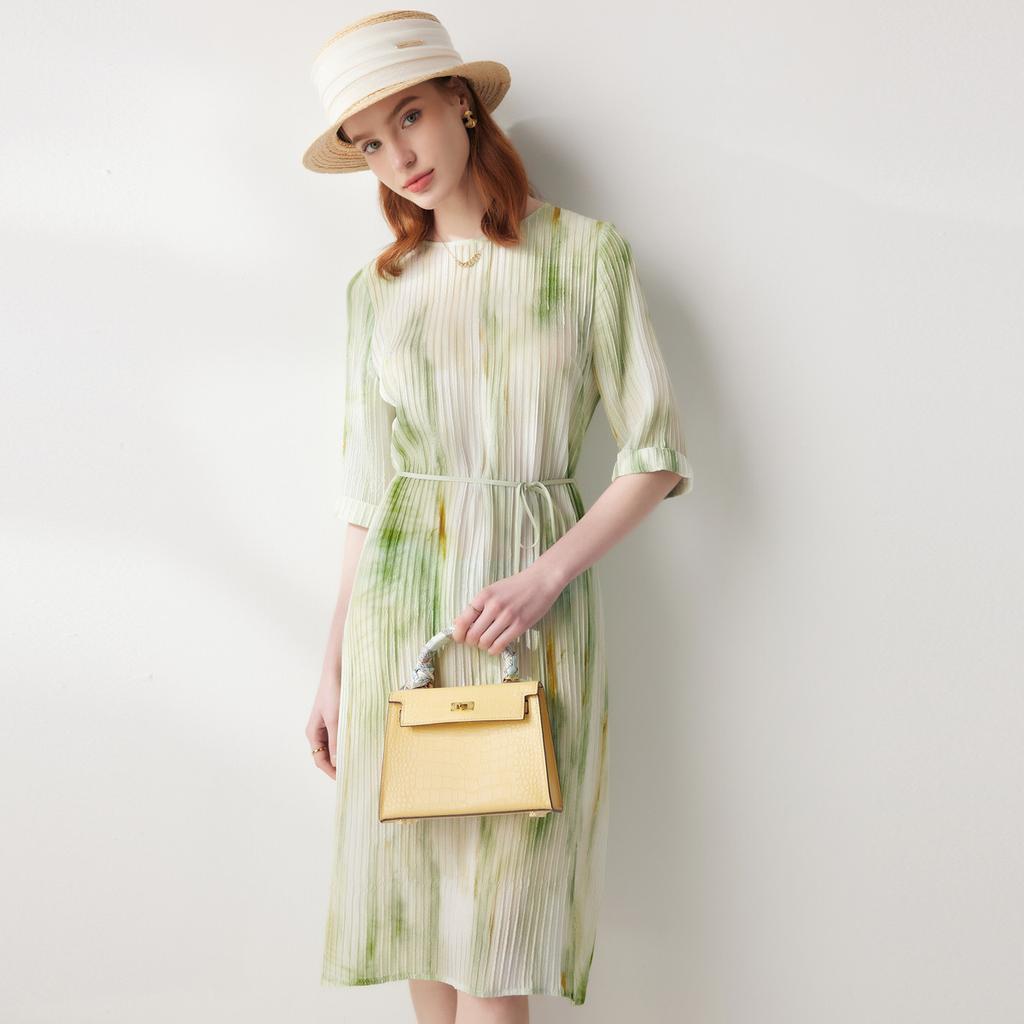 [Blended Printing] Spring/Summer Mulberry Silk Spring/Summer Round Neck Fashionable Commuter Strap Show Thin Elegant Dress