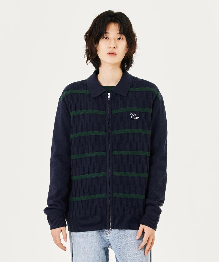 MARK GONZALES Angel Stripe Polo Knit Cardigan - Navy