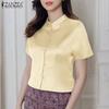 ZANZEA Women Summer Stand Collar Casual Short Sleeve Satin Blouse