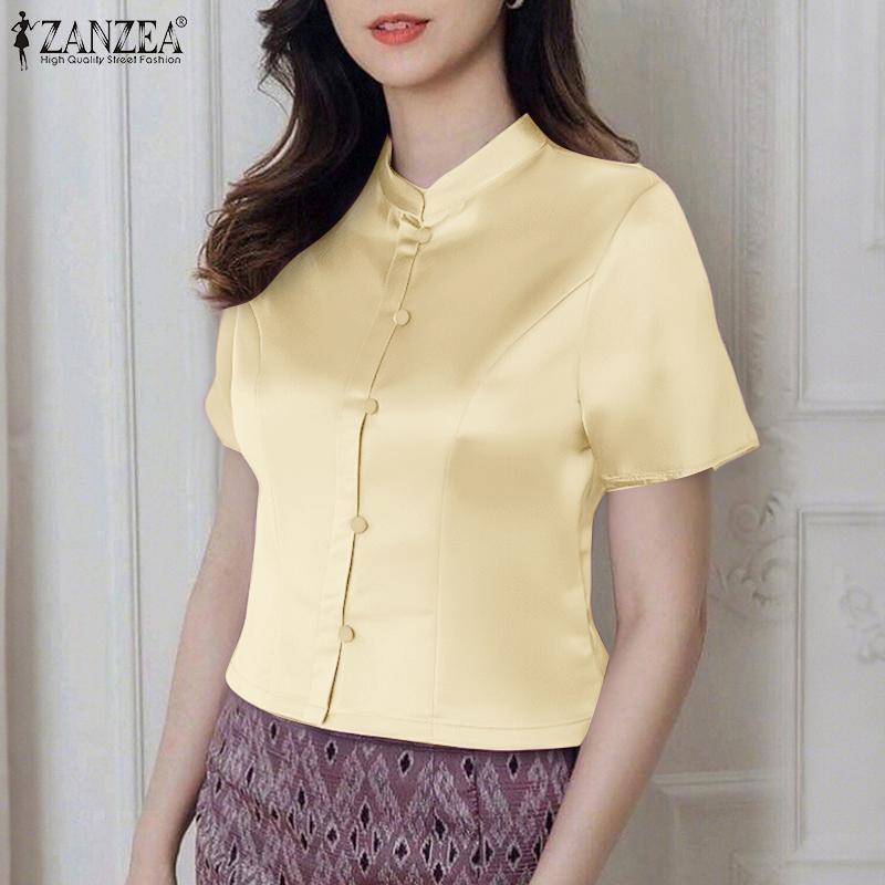 ZANZEA Women Summer Stand Collar Casual Short Sleeve Satin Blouse