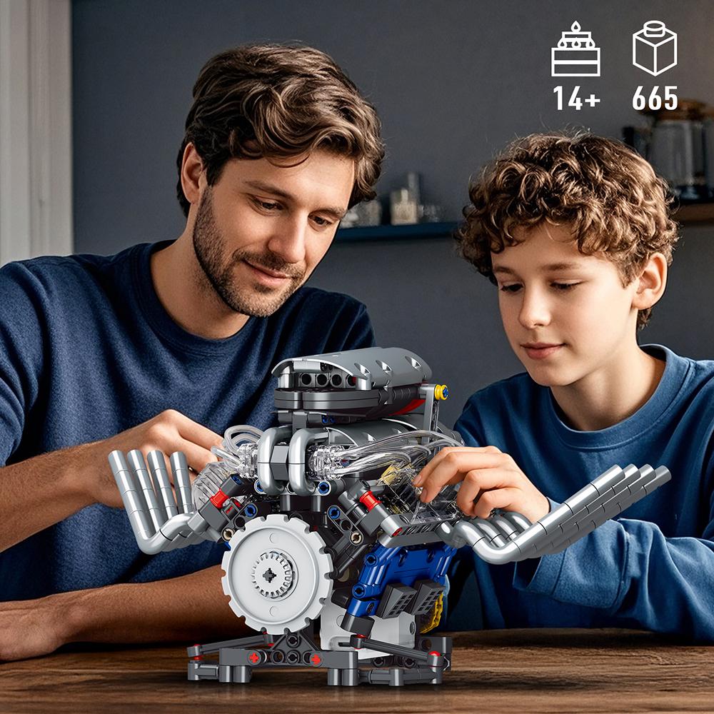 1:1 Supercar V8 Engine Building Blocks Set MOC Bricks Technical Model Assembly Toys LED APP RC Car Accessories