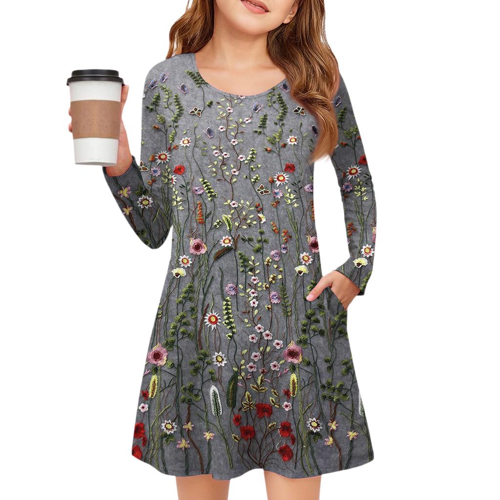 Платье с длинным рукавом для девочек - Платье с цветными карманами