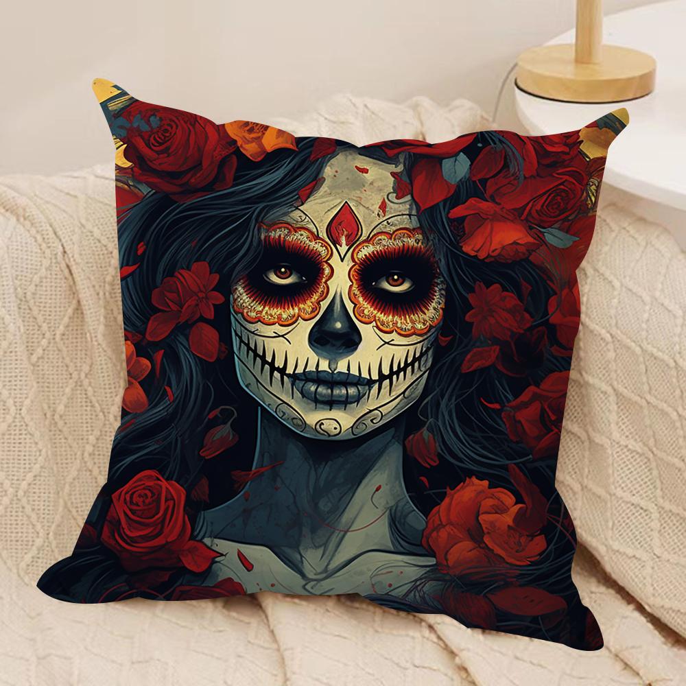 Sugar Skull Girl Cushion Cover Soft Plush Fabric DoubleSided Printed Sofa Cushion Cover for All Seasons Home Decor Gift