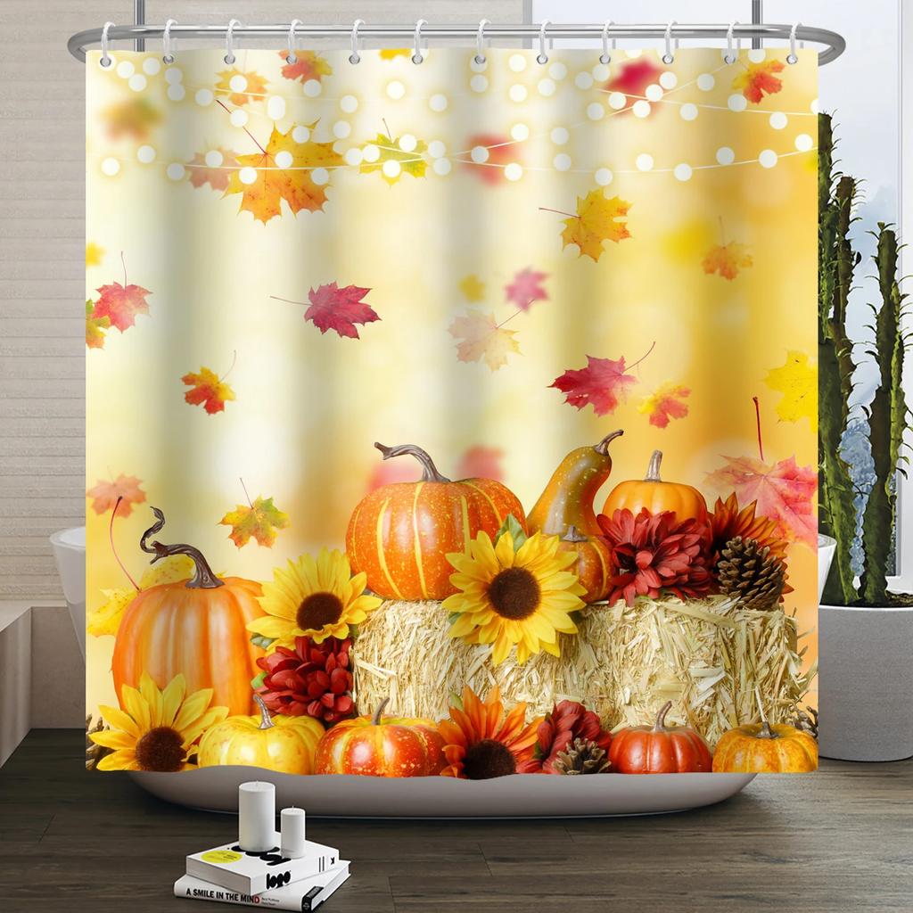 Autumn Forest Maple Shower Curtain Natural Jungle Leaves Pumpkin Fall Bathroom Shower Curtain Waterproof Shower Curtain Decor