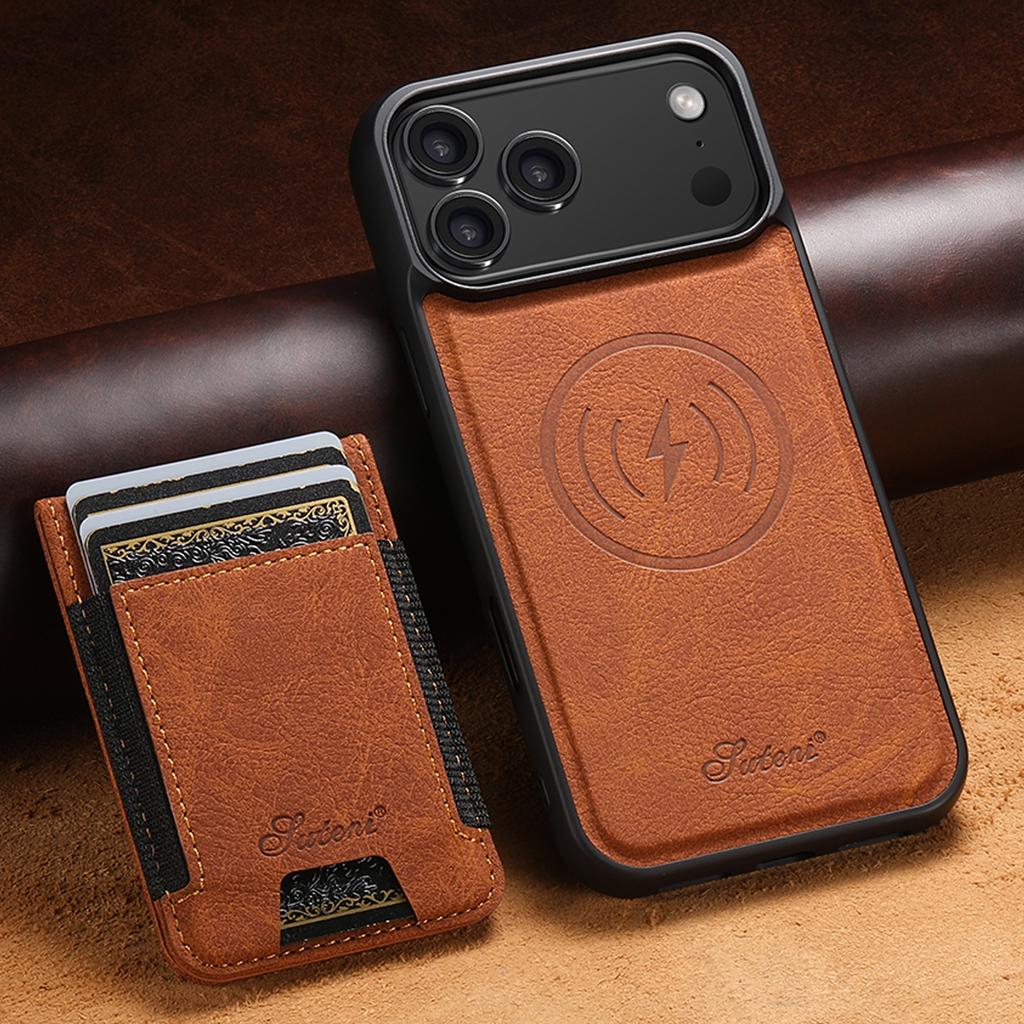 Magnet Wireless Charging Card Holder Phone Case For iPhone 18 Pro Max 17 Pro 16 Plus 15 14 13 12 Luxury Cowhide Leather Cover