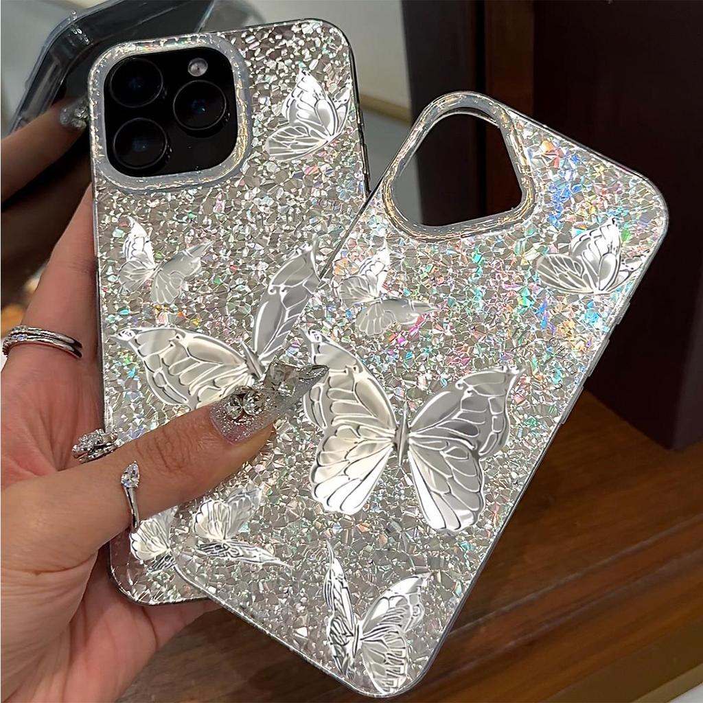 Чехол для iphone Air 18 Pro Max XS Max 15 14 12 XR 11 13 16 Plus 17 Pro Серебристые Бабочки и Текст Блеск Трескающийся Фольга Акрил ТПУ Чехол для Телефона