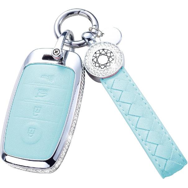 for Volvo Key Fob Cover with Keychain, Blue Leather Rhinestone Key Case Protection Shell Compatible with XC90, XC60, XC40, S60, S90, V60, V90,