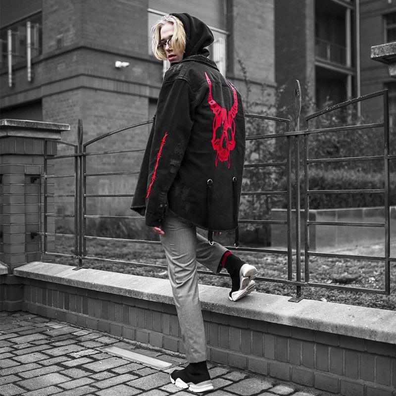 Мужская осенняя куртка, трендовая джинсовая повседневная куртка с большой головой черепа