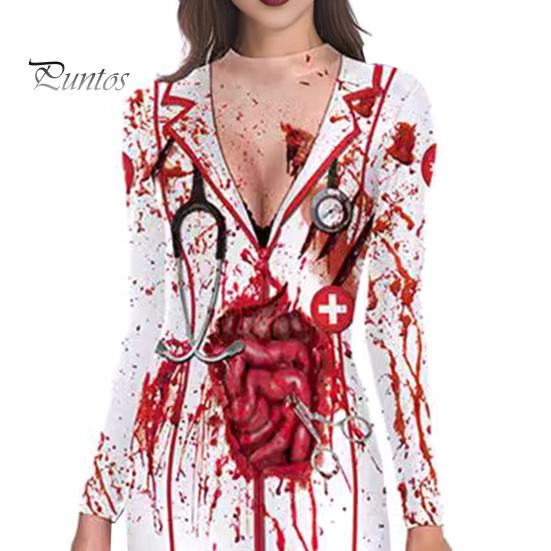 Хэллоуин Женское платье Кровавое пятно Скелет Паук Принт V-образный вырез Медсестра Косплей Длинные рукава Дом с привидениями NPC Костюм для выступлений
