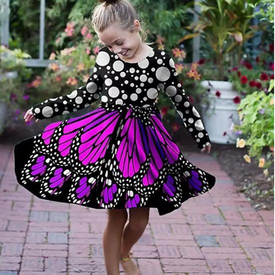 Повседневное платье для девочек с принтом в виде бабочки в виде 3D-точек, круглым вырезом и длинными рукавами, детское платье принцессы