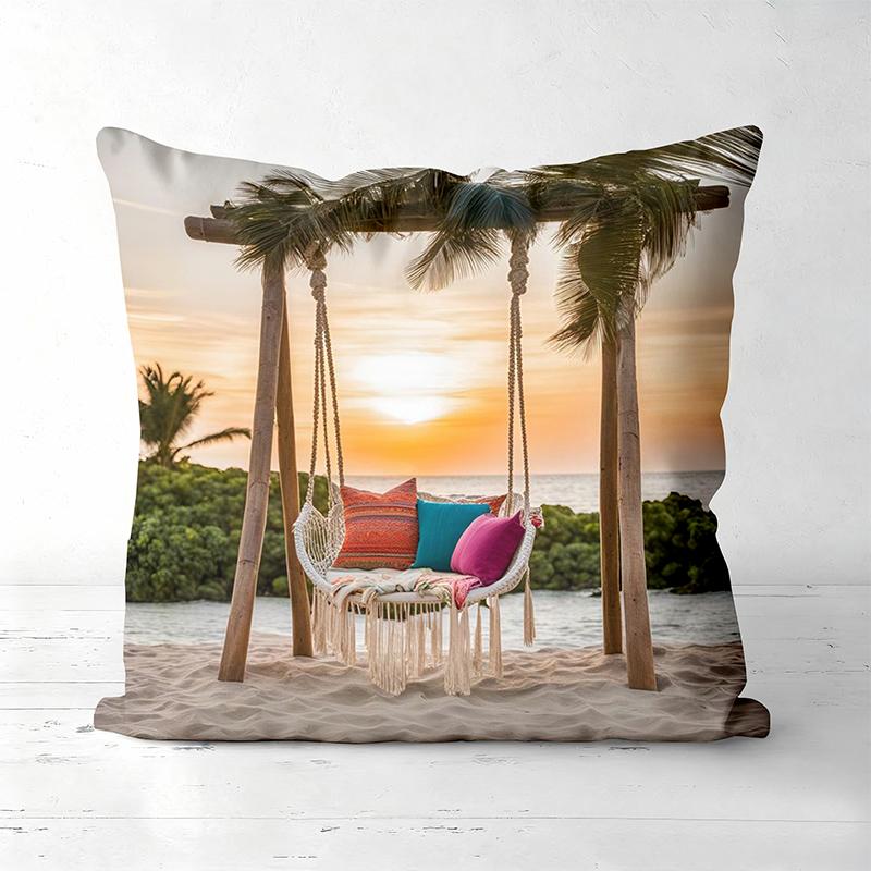 Цветочные подушки для качелей, дизайн «Закат на пляже с глицинией», полиэстеровая наволочка, декоративная подушка для дивана, подушка для изголовья