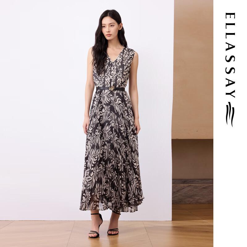 ELLASSAY French V-Neck Printed Pleated Sleeveless Midi Dress