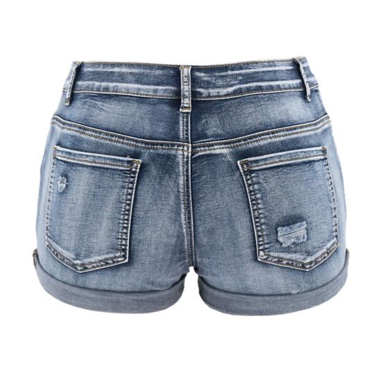 Рваные джинсовые шорты для женщин, средняя талия, подвернутые манжеты, эластичные джинсовые шорты, лето