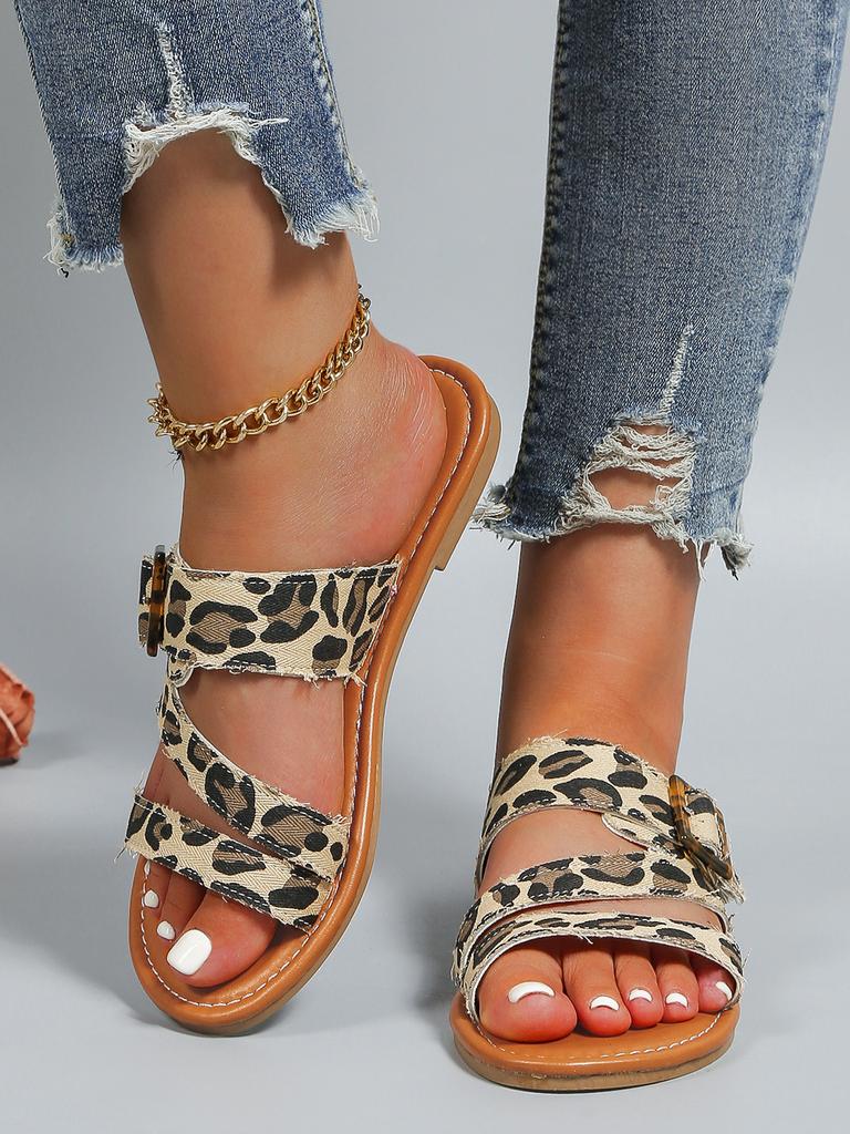 Fashion 2024 Women Summer Leopard Pattern Sandals New Fashion Retro Large Flat Slippers Outdoor Vacation Beach Casual Shoes Lightweight